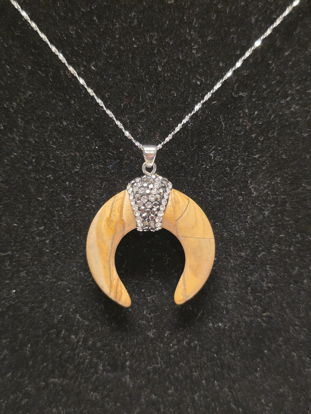 Picture Jasper Ox Horn Pendant Necklace with Silver Tone Accents